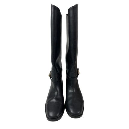 H&M Women's Black Strap Round Toe Low Block Heels Knee High Riding Boots 38 US 7
