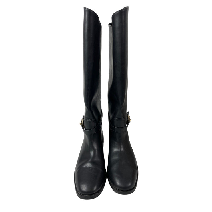 H&M Women's Black Strap Round Toe Low Block Heels Knee High Riding Boots 38 US 7
