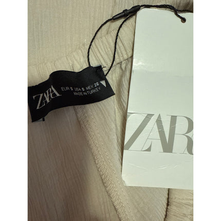 NEW Zara Beige Crinkled Textured Wide Leg High Waist Trousers Lounge Pants Sz S