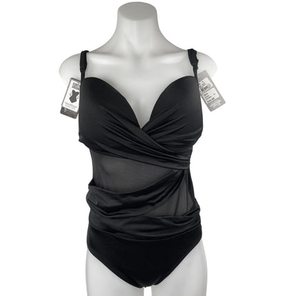 NEW Chamela Black Sleeveless Plunge Neck Mesh One Piece Swimsuit Bikini Size XL