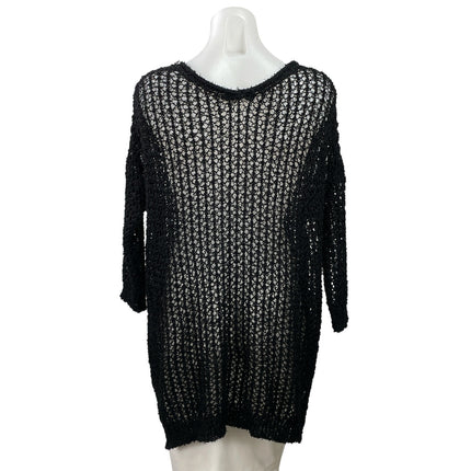 Millau Women's Black 3/4 Sleeves Open Knit Crochet V-neck Tunic Blouse Top Sz S