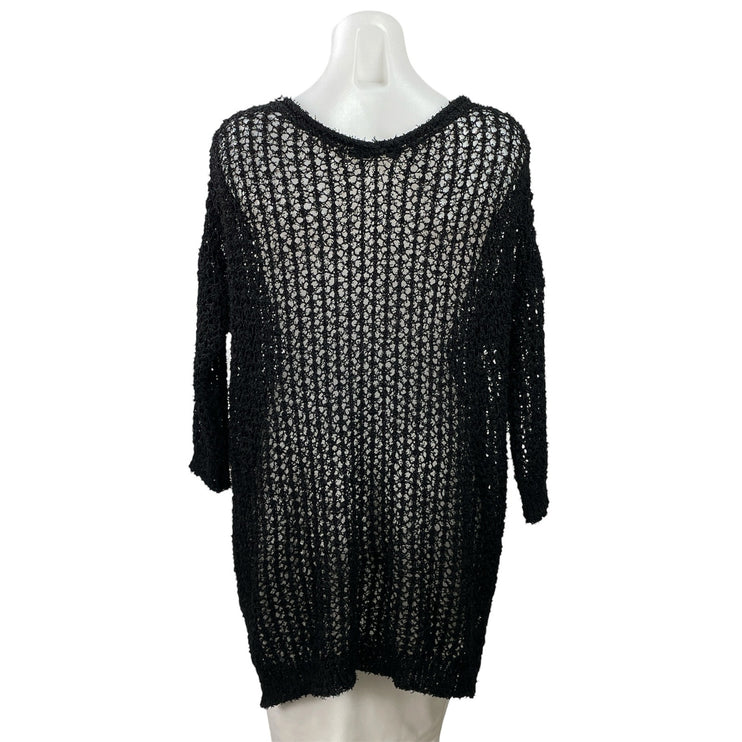 Millau Women's Black 3/4 Sleeves Open Knit Crochet V-neck Tunic Blouse Top Sz S