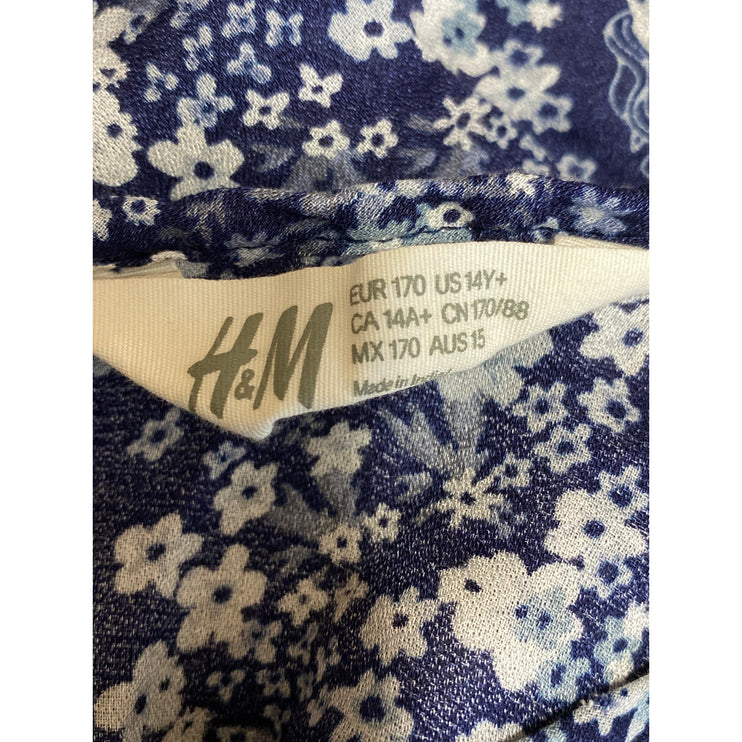 H&M Women's Blue Unicorn Floral Print Long Sleeve Mini Flare A-Line Dress Sz 14
