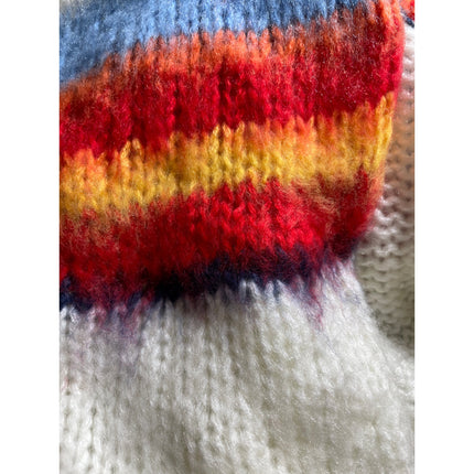 Women's Multicolor Color Block Chunky Knit Balloon Sleeve Cardigan Sweater Top S