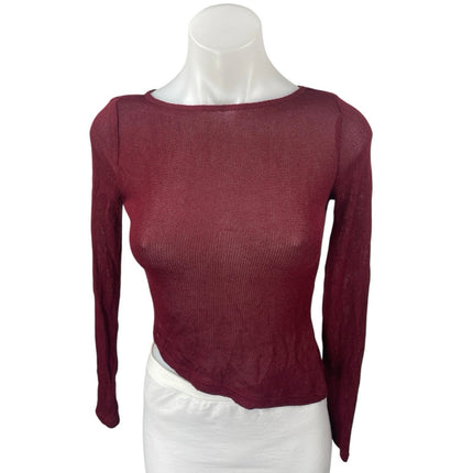 Princess Polly Pratt Red Long Sleeve Knit Sheer Asymmetric Hem Crop Top Size 0