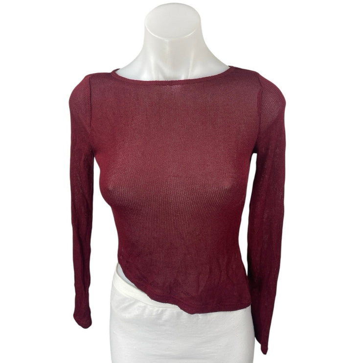 Princess Polly Pratt Red Long Sleeve Knit Sheer Asymmetric Hem Crop Top Size 0