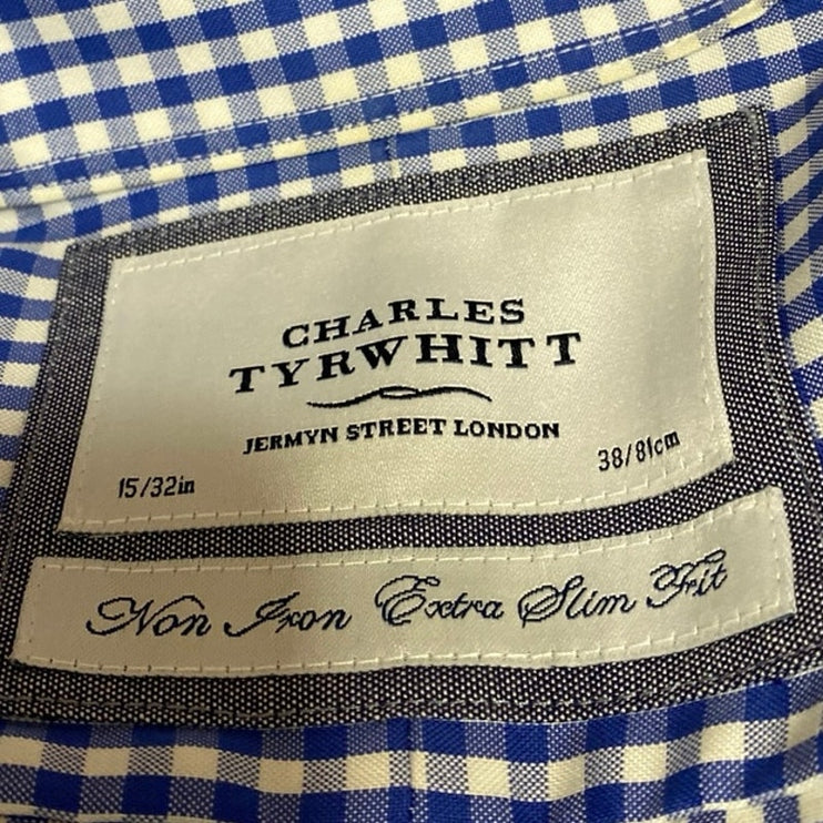 Charles Tyrwhitt Blue Extra Slim Checkered Long Sleeve Button Up Shirt Top 15/L