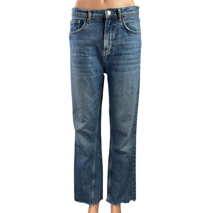 Zara Blue Medium Wash High Waist Frayed Hem Straight Leg Denim Jeans Pants Sz S