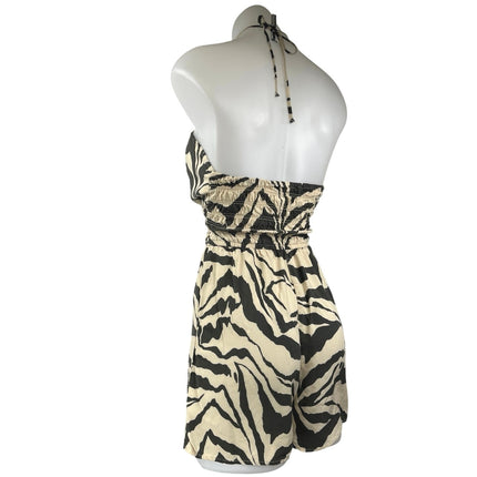 H&M Cream Black Zebra Animal Print Sleeveless Halter Ruched Romper Shorts Size S