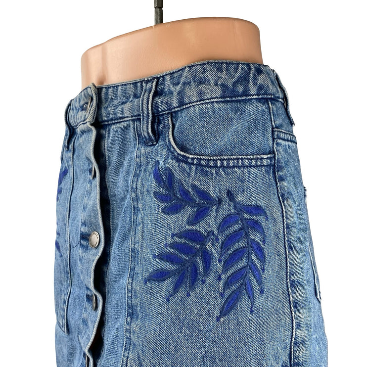 Rebecca Minkoff Blue Embroidered Leaf High Waist Button Fly Denim Jean Skirt 26