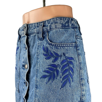 Rebecca Minkoff Blue Embroidered Leaf High Waist Button Fly Denim Jean Skirt 26