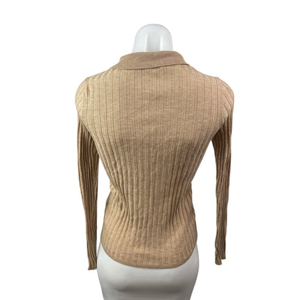 Zara Tan Rib Knit Wool Long Sleeve Collared Button Down Cardigan Sweater Top S