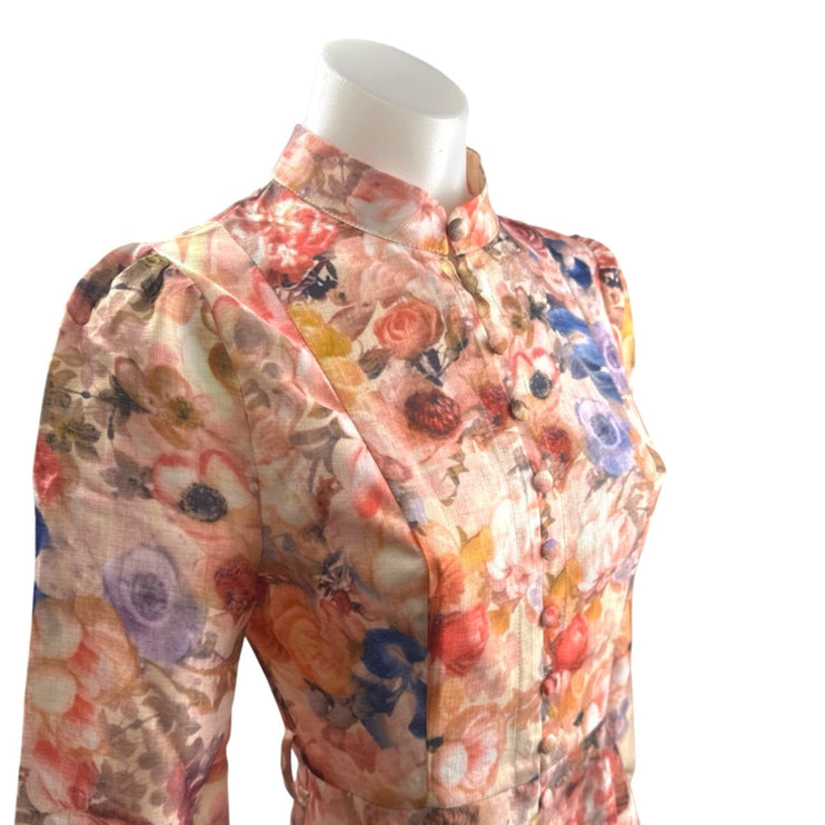 Commense Women's Multicolor Collared Balloon Sleeve Midi Flare A-Line Dress XS