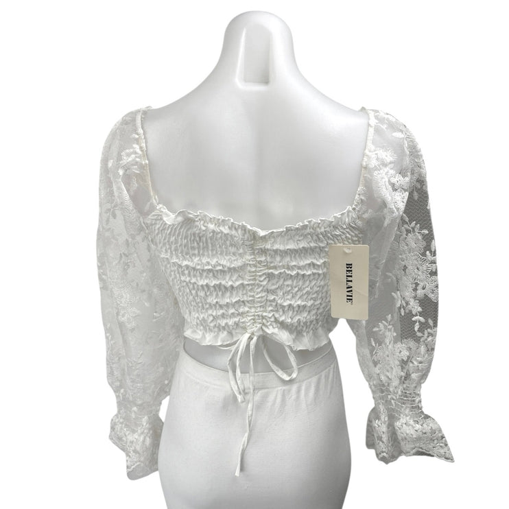 NEW Bellavie Women's White Floral Balloon Long Sleeve Smocked Crop Blouse Top S