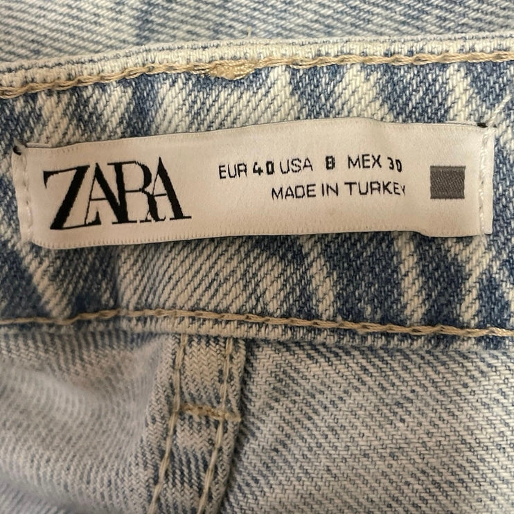 Zara Women's Blue Light Wash High Rise Distressed Wide Leg Denim Jeans Size 8