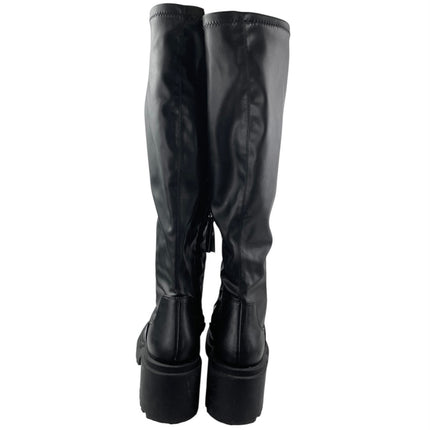 Zara Women's Black Leather Chuinky Platform Heels Zip Up Over The Knee Boots 10