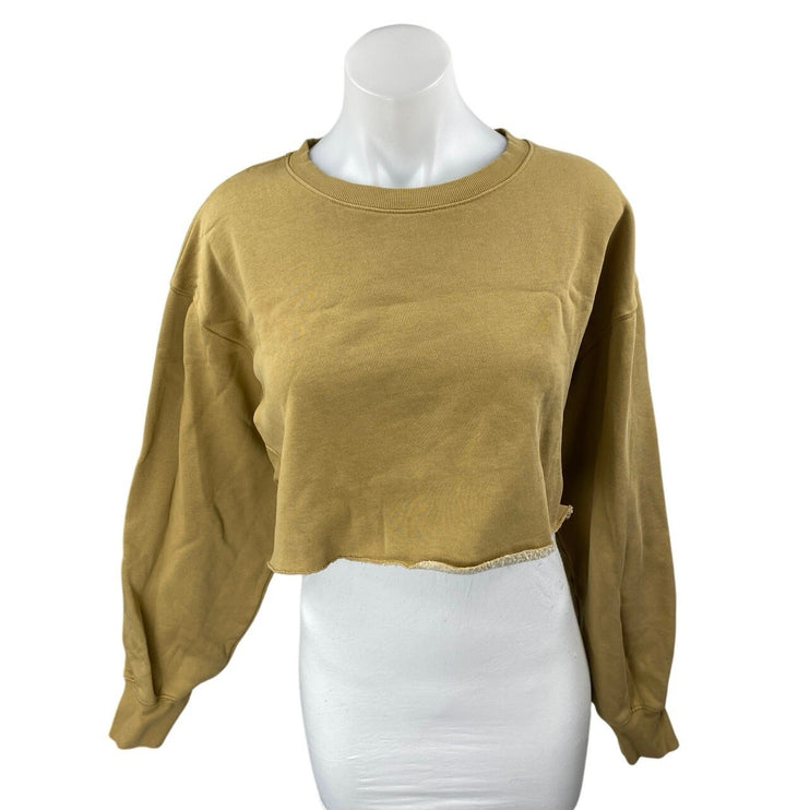 Aritzia TNA Cozy AF Tan Long Sleeve Crew Neck Fleece Lined Crop Sweatshirt Top 2