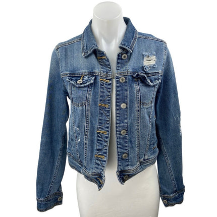 Mossimo Blue Button Down Long Sleeve Distressed Cropped Denim Jeans Jacket Sz XS