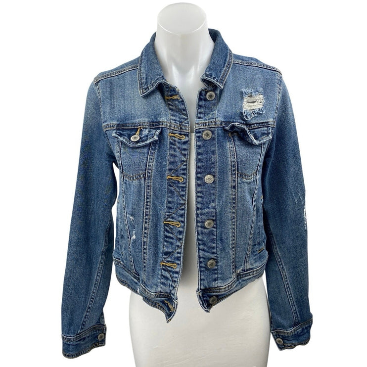 Mossimo Blue Button Down Long Sleeve Distressed Cropped Denim Jeans Jacket Sz XS