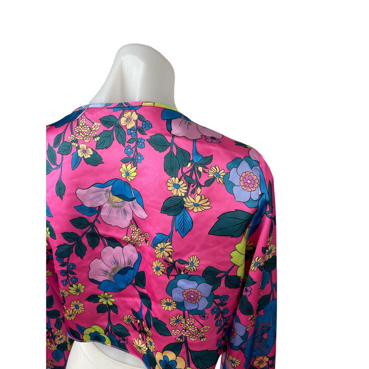 Zara Women's Pink Floral Cutout Keyhole Tie Long Sleeve Blouse Crop Top Size S