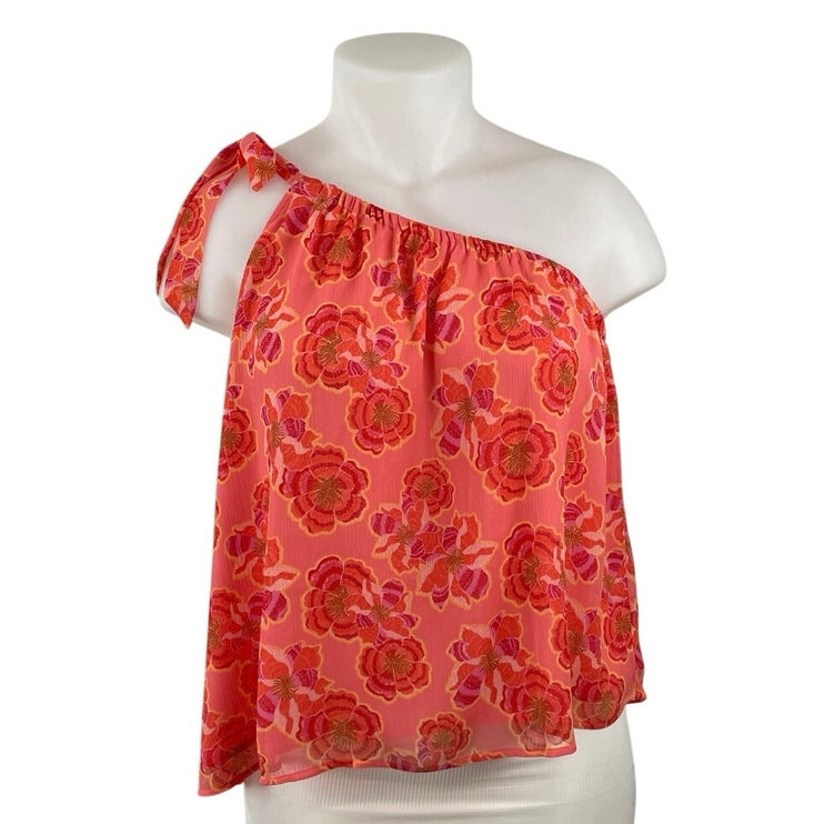 Ann Taylor LOFT Coral Floral One Shoulder Tie Sleeveless Blouse Top Size XL