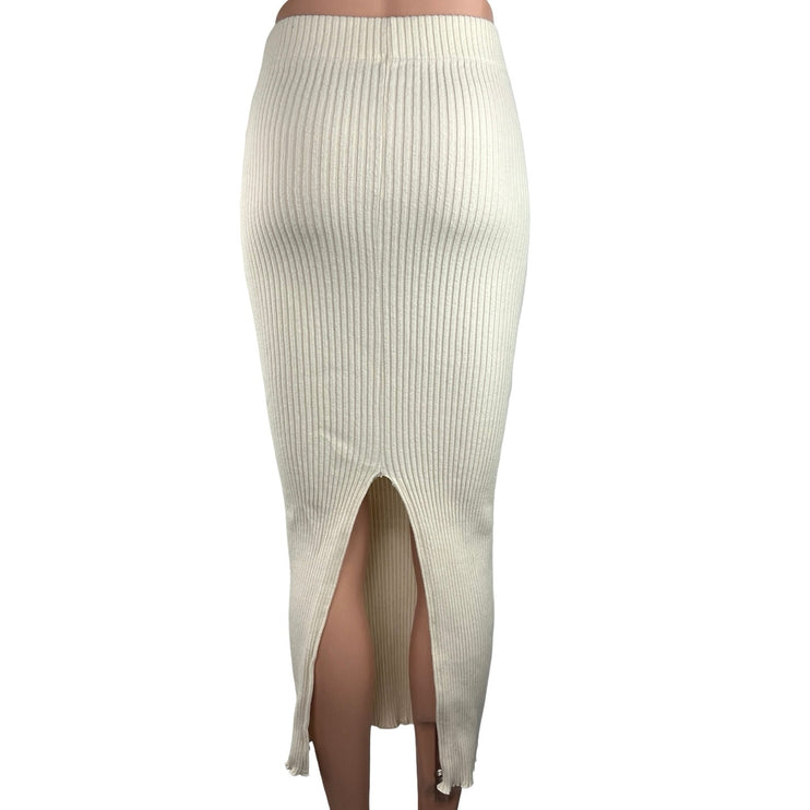 Zara White Ribbed Knit High Waisted Fitted Stretch Back Slit Midi Skirt Size S