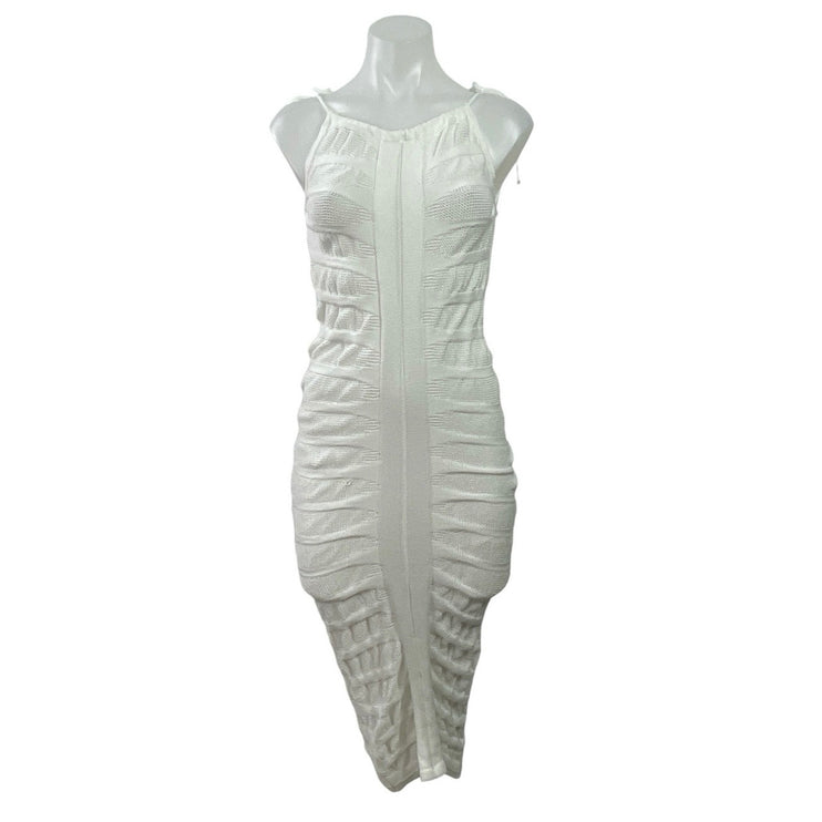 Love Series White Ruched Drape Knit Stretch Midi Bodycon 2 in 1 Dress Size S