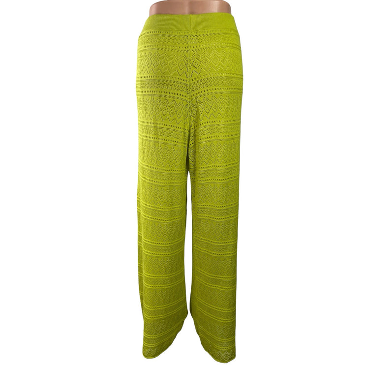 Simorra Green Knitted Eyelet High Waisted Palazzo Wide Leg Trousers Pants Size M