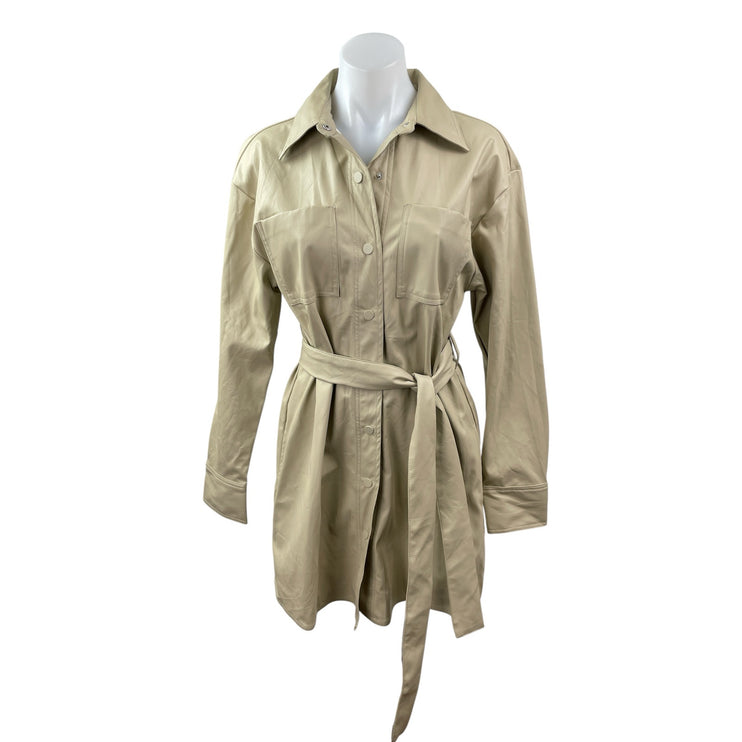 ASOS Collusion Beige Faux Vegan Leather Long Sleeve Belted Mini Shirt Dress Sz 6