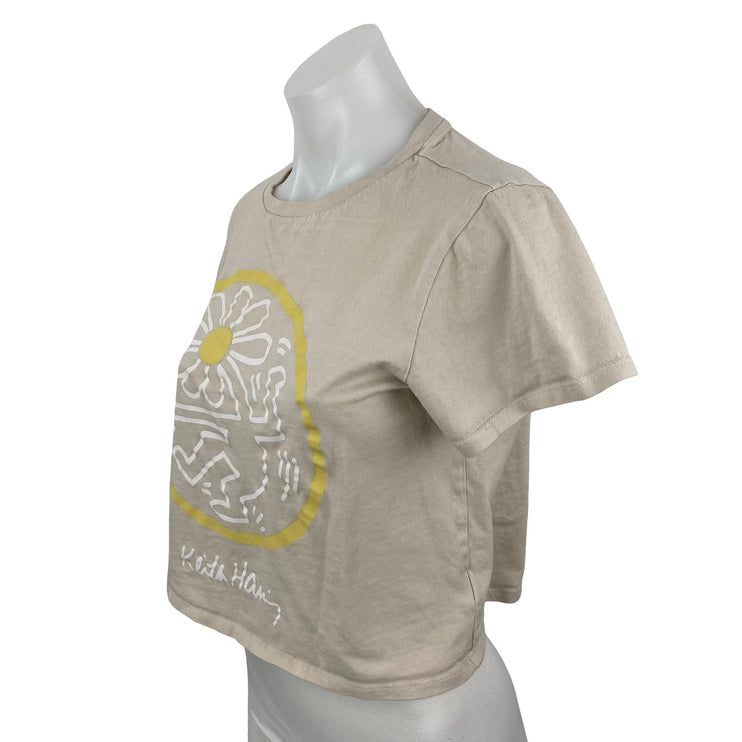 Gap Womens Beige Keith Haring Flower Artwork Short Sleeve Crop T Shirt Tee Top M