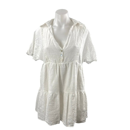 Molly Green White Collared Short Sleeve Tiered  Mini Flare Shirt A-Line Dress M