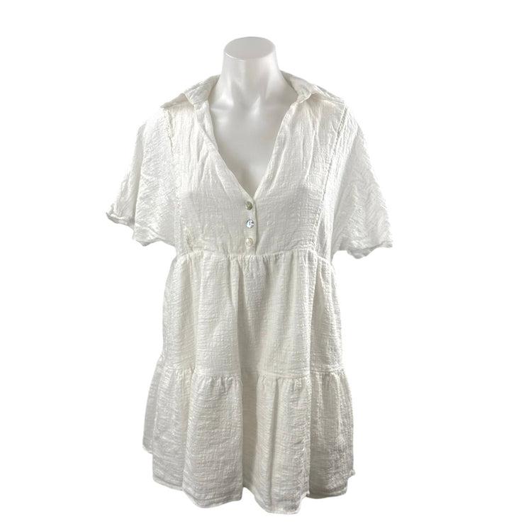 Molly Green White Collared Short Sleeve Tiered  Mini Flare Shirt A-Line Dress M