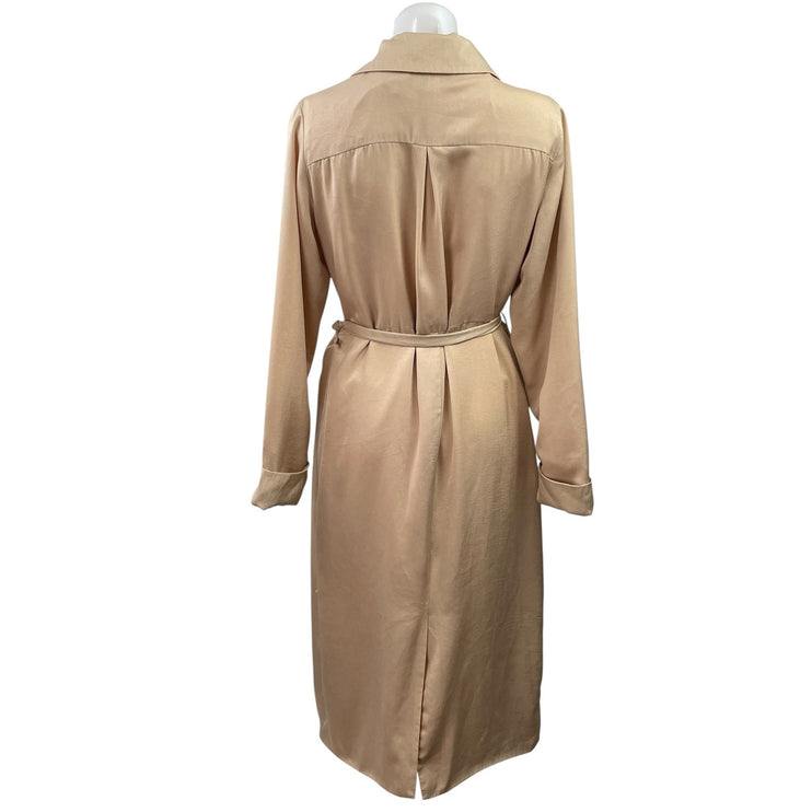Neon Rose Gold Silk Satin Shawl Collar Tie Belt Long Sleeve Trench Coat Jacket M