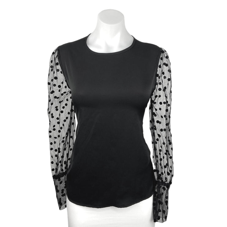 Shein Black Crew Neck Polka Dot Mixed Mesh Puff Long Sleeve Blouse Top Size 6