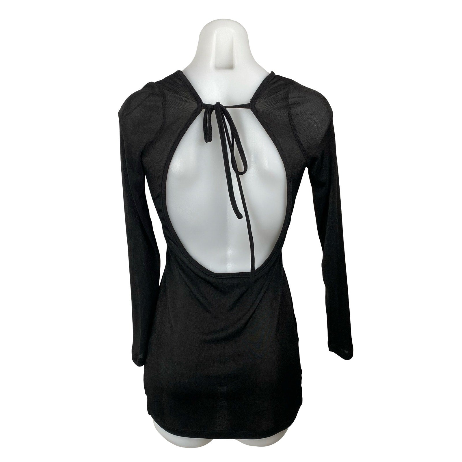 Lioness Black Sheer Mesh Open Back Tie Long Sleeve Mini Bodycon Dress Brie Lioness Black Sheer Mesh Open Back Tie Long Sleeve Mini Bodycon Dress Brie