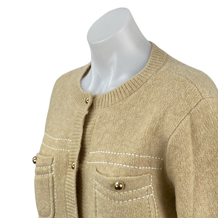 Cece Women's Tan Beige Knit Pocket Crewneck Button Down Cardigan Sweater Top XS