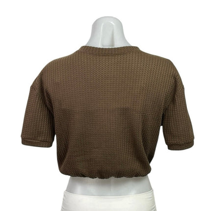 JXQ Fashion Brown Short Sleeve Waffle Knit Notch V Neck Casual Crop Top Size S/M