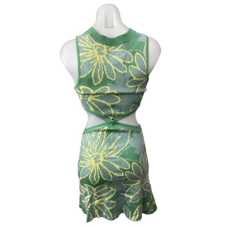 Mable Green Floral Knit Sleeveless Crew neck Cut Out Mini Bodycon Tank Dress M
