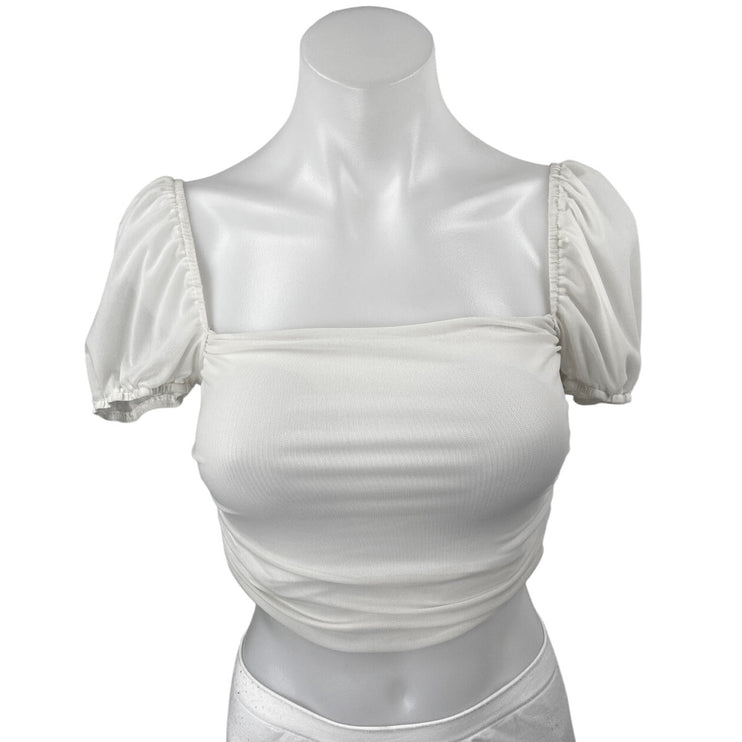 Princess Polly White Short Puff Sleeve Square Neck Ruffle Blouse Crop Top Size 4