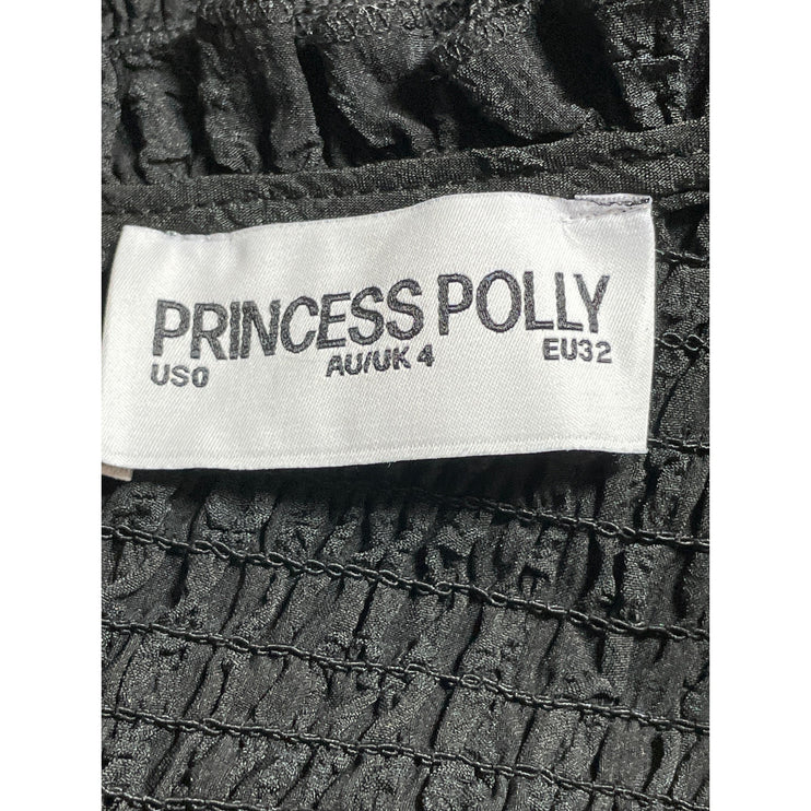 Princess Polly Black Smocked Ruffle Scoop Pleated Short Sleeve Romper Shorts 0