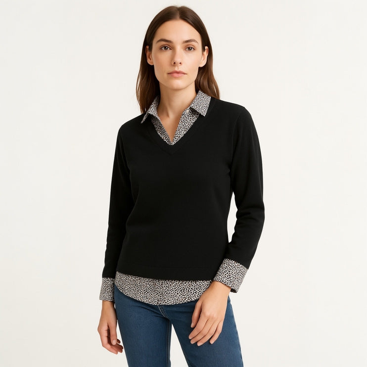 Adrianna Papell Black Leopard Animal Print Long Sleeve Sweater Shirt Top Size M