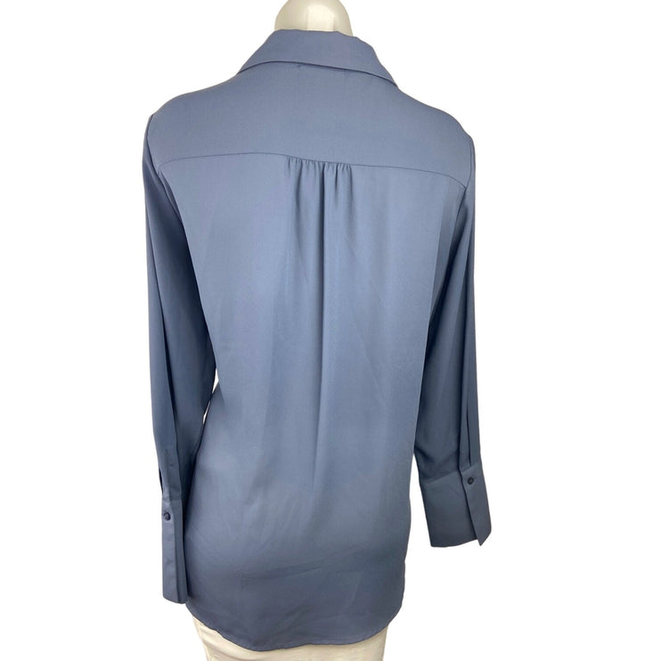 Pleione Gray Blue V-neck Collared Long Sleeve Lightweight Pocket Blouse Shirt M