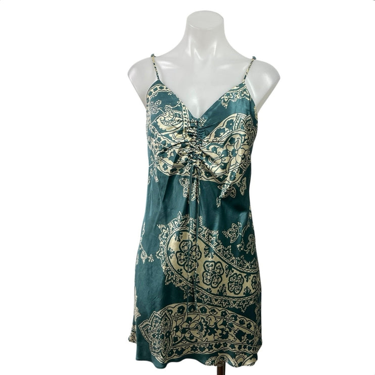 Zara Blue Silk Satin Paisley Sleeveless V Neck Mini A-Line Slip Tank Dress Sz S