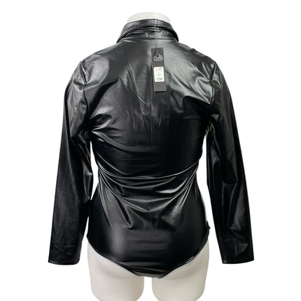 NEW Fashion Nova Biker Baddie Black Faux Leather Latex Zip Bodysuit Top Size 1X