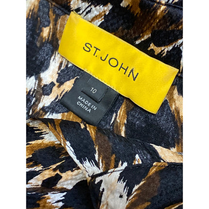 St. John Brown Silk Animal Print Collar Short Sleeve Mini Sheath Shirt Dress 10