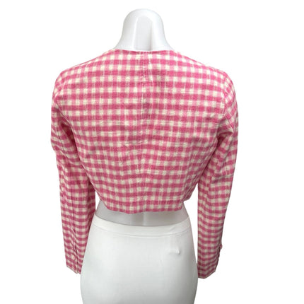 ZARA Women's Pink White Checkered Plaid Long Sleeve Button Shirt Crop Top Size M