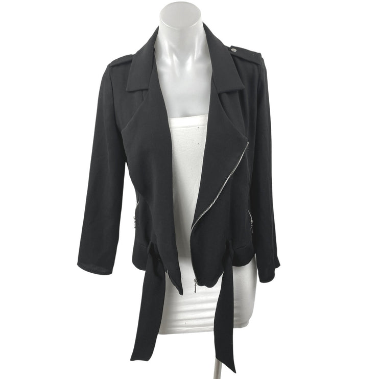 Zara Women's Black Asymmetric Zip Belted Collar Long Sleeve Moto Coat Jacket XS