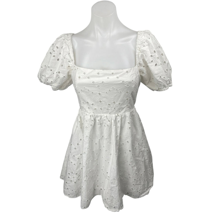 Zara Women's White Short Puff Sleeve Eyelet Embroidered Fit & Flare Mini Dress M