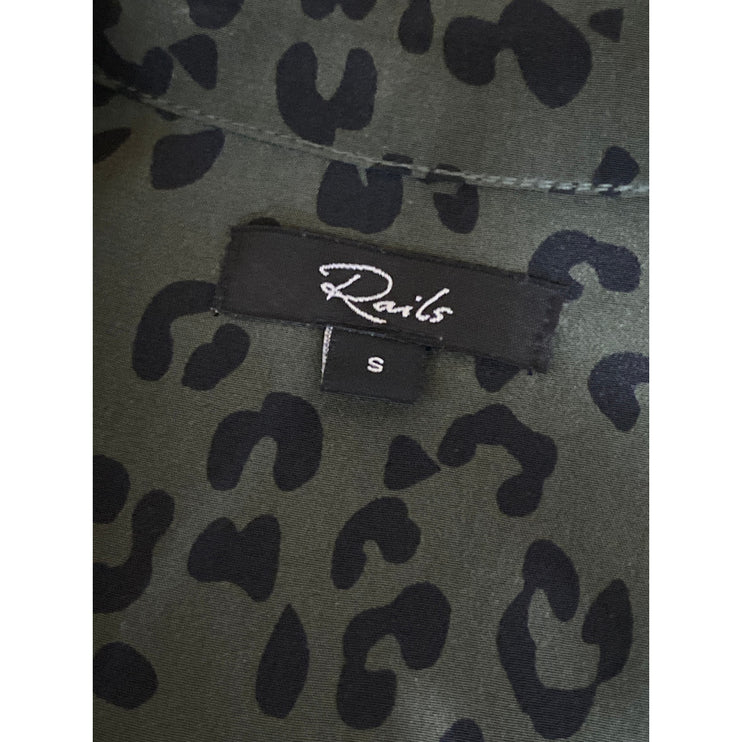 Rails Kate 100% Silk Green Cheetah Collared Long Sleeve Button Down Shirt Top S