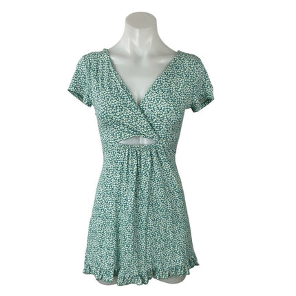 Pull & Bear Green Ditsy Floral Short Sleeve Cutout Ruffle A Line Mini Dress XS